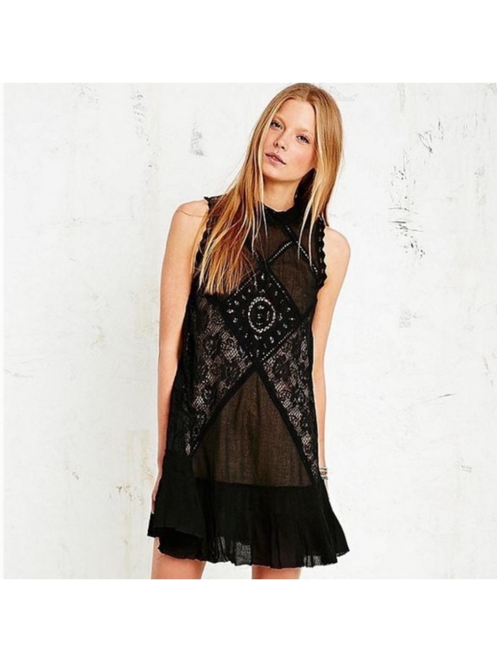 Free People Angel Lace Panel Dress Black Crochet Lace Size Small